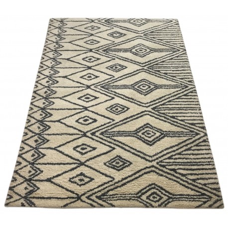 Skandynawski geometryczny dywan wełniany RUG COLLECTION 120x180cm Indie 2cm gruby beżowy czarny