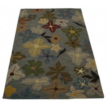 Kolorowy szary kwiatowy dywan RUG COLLECTION do salonu nowoczesny design 100% wełna 150x240cm Indie