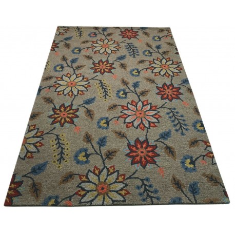 Kolorowy szary kwiatowy dywan RUG COLLECTION do salonu nowoczesny design 100% wełna 150x240cm Indie