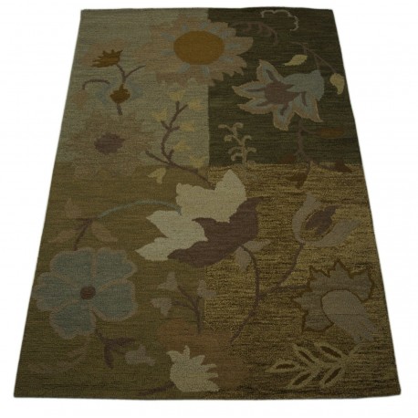 Kolorowy zielony kwiatowy dywan RUG COLLECTION do salonu nowoczesny design 100% wełna 150x240cm Indie