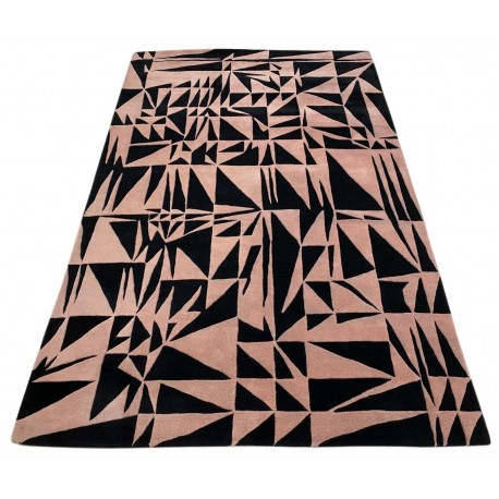 Designerski nowoczesny dywan wełniany Triangles różowy czarny 150x240cm Indie 2cm gruby