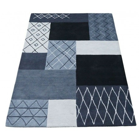 Geometryczny niebieski dywan do salonu 100% wełniany tafting 160x230cm patchwork
