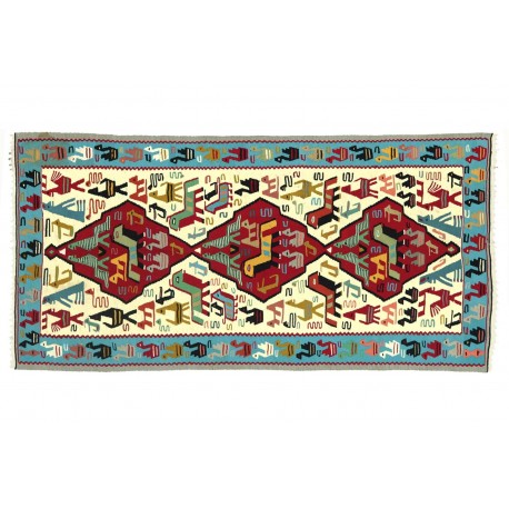 Kolorowy dywan etniczny z Turcji 110x190cm 100% wełna kilim zwierzęcy motyw