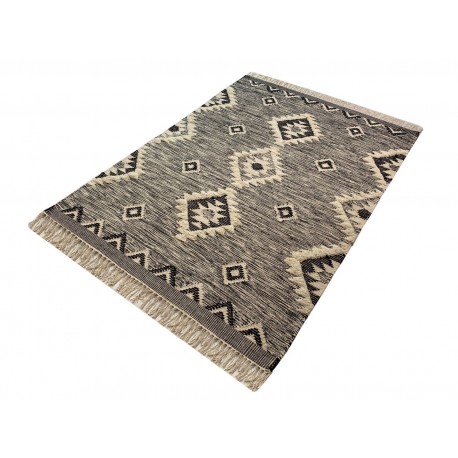 Szary kilim Durry 100% wełniany dywan płasko tkany 150x240cm dwustronny Indie dwupoziomowy