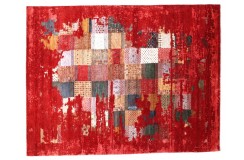 Wełna + jedwab dywan Gabbeh Loribaft patchwork vintage czerwony ok200x300cm Indie