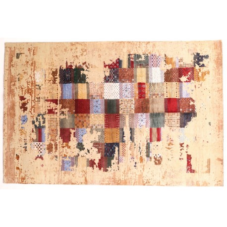 Wełna + jedwab dywan Gabbeh Loribaft patchwork vintage beżowy ok 170x240cm Indie