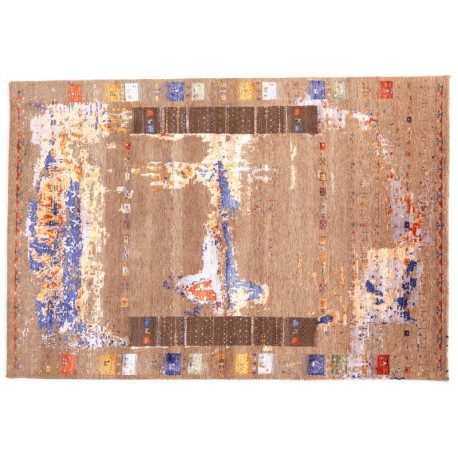 Wełna + jedwab dywan Gabbeh Loribaft patchwork vintage brązowy ok 170x250cm Indie