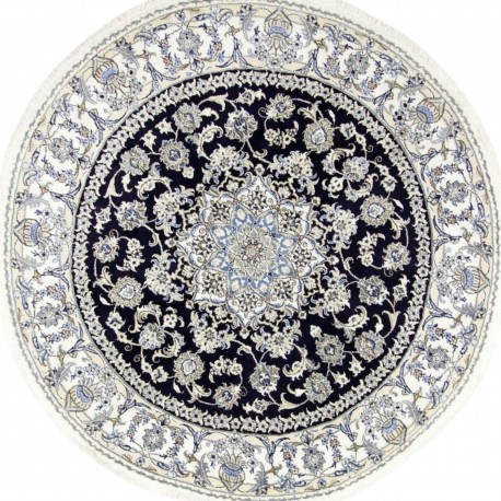 Nain gęsto ręcznie tkany dywan z Iranu wełna + jedwab ok 200x200cm granatowy okrągły
