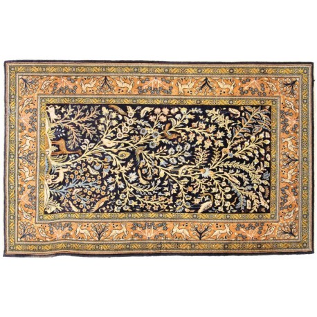 Perski luksusowy dywan KOM (GHOM) ręczne tkany 140x220cm 100% wełna kwatowy gustowny niebieski