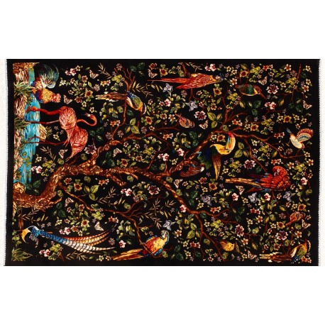 KOM - czarny rajski ogród piękny perski dywan (GHOM) 100% jedwab wytworzony Iran oryginalny 100x150cm