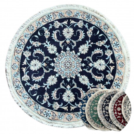 Nain gęsto ręcznie tkany dywan z Iranu wełna + jedwab ok 100x100cm granatowy okrągły