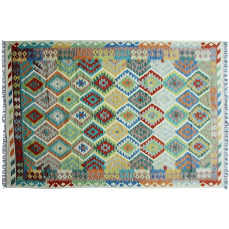 Kolorowy dywan kilim ręcznie wiązany 200x290cm z Afganistanu Chobi  100% wełna dwustronny vintage nomadyczny