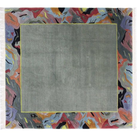 Kwadratowy dywan ręcznie tkany oryginalny Nepal premium Indie 200x210cm 100% wełna zielony z tradycyjnym wzorem