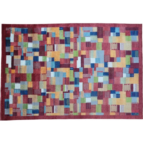 Unikatowy perski gabbeh - ręcznie gęsto tkany dywan Lorri Nomad kolorowy z Iranu 250x350cm wzór patchwork wart 41 880zł 