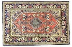 Perski luksusowy dywan KOM (GHOM) ręczne tkany 140x200cm wełna + jedwab kwatowy gustowny niebieski