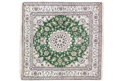 Kwadrtowy zielony dywan Nain gęsto ręcznie tkany z Iranu wełna + jedwab ok 200x200cm