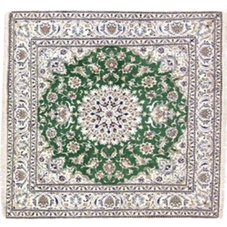 Kwadrtowy zielony dywan Nain gęsto ręcznie tkany z Iranu wełna + jedwab ok 200x200cm