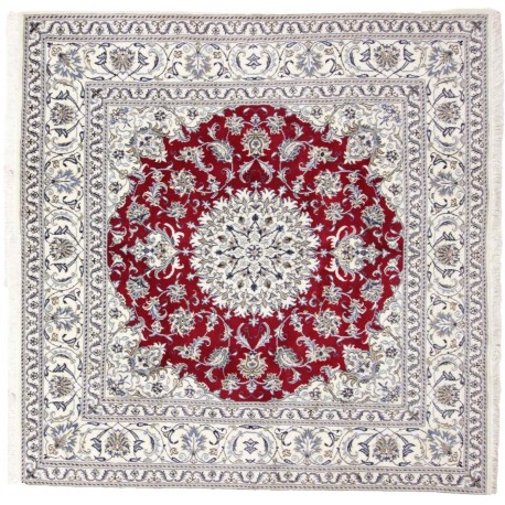 Kwadrtowy czerony dywan Nain gęsto ręcznie tkany z Iranu wełna + jedwab ok 200x200cm