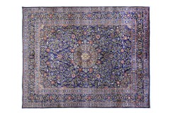 Dywan Kaszmar ogromny 290x380cm 100% wełna kork z Iranu pałacowy kobierzec w kwiatowe ornamenty granatowo-złoty