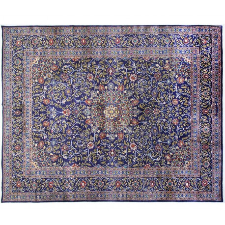 Dywan Kaszmar ogromny 290x380cm 100% wełna kork z Iranu pałacowy kobierzec w kwiatowe ornamenty granatowo-złoty