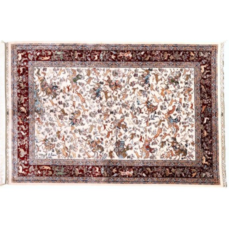 KOM - motywy polowania zoomorficzne piękny perski dywan (GHOM) 100% jedwab wytworzony Iran oryginalny 150x230cm milion wiązań