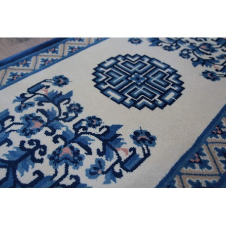 Dywan aubusson ręcznie tkany z Chin ok 70x140cm 100% wełna oryginalny kwiatowy tradycyjny niebiesko-beżowy