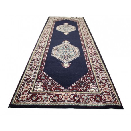 Granatowy elegancki dywan z medalonami herati ok 80x250cm 100% wełna Indie Bidjar