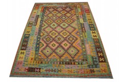 Kaudani wzorzysty dywan kilim z Afganistanu 100% wełna VINTAGE 197x296cm pastelowe kolory