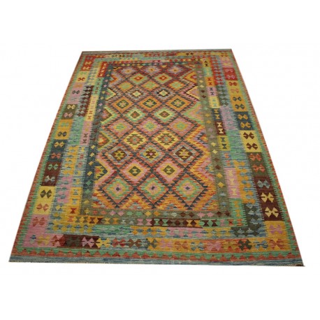 Kaudani wzorzysty dywan kilim z Afganistanu 100% wełna VINTAGE 197x296cm pastelowe kolory