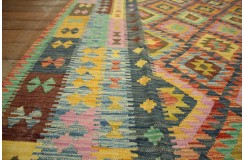 Kaudani wzorzysty dywan kilim z Afganistanu 100% wełna VINTAGE 197x296cm pastelowe kolory